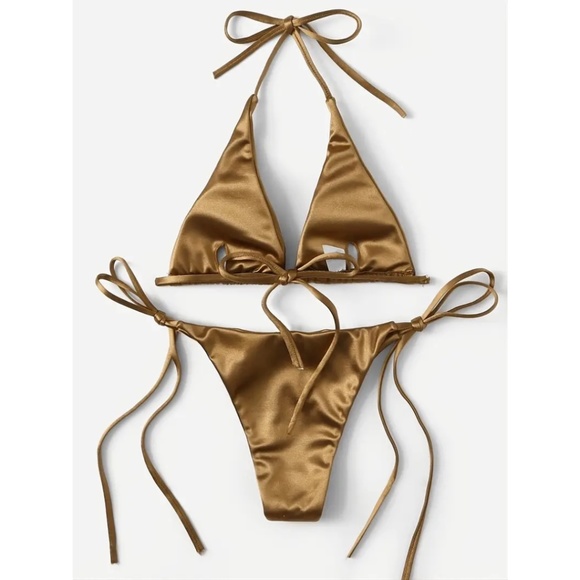 BNWT Isabelle LaRue Golden Nude Satin String Tie Bikini - Picture 3 of 5
